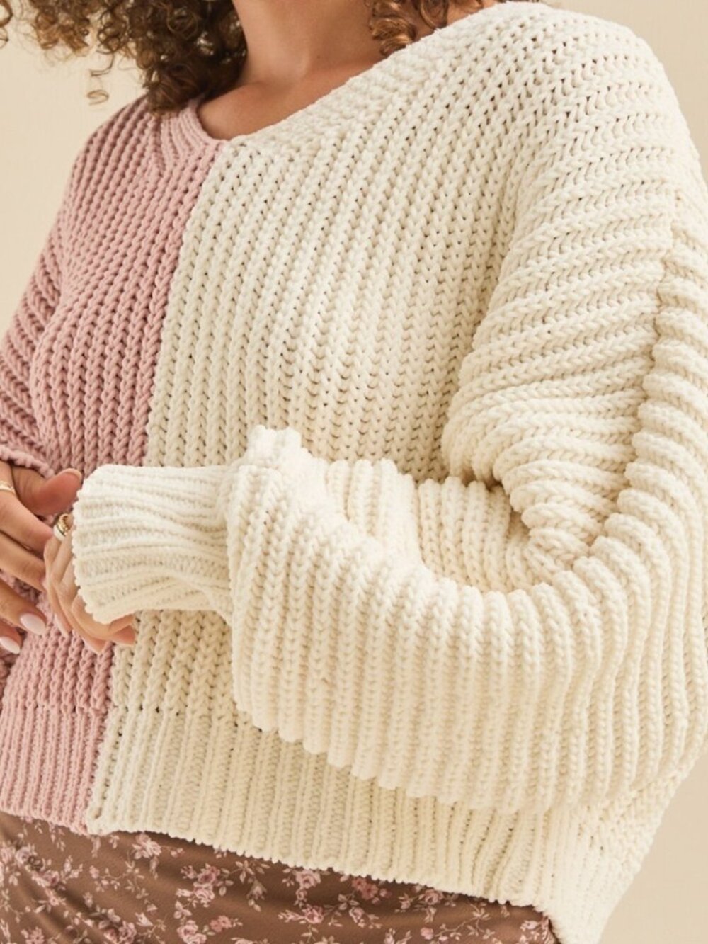 Altard State Two-Tone Boxy Fit Dolman Sleeve V-Neck Sweater